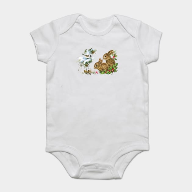 Vintage Christmas Bunnies Baby Bodysuit by HolidayBug